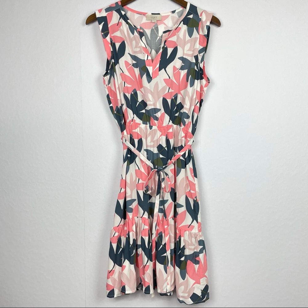 Loft Pink Grey Floral V-neck Tie Waist Midi Dress